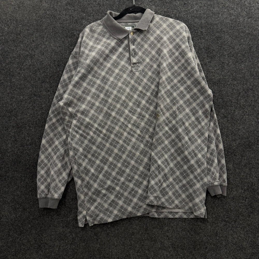 Vintage 90s Croft and Barrow Grey Plaid Long Sleeve Polo Shirt Mens XL Cotton